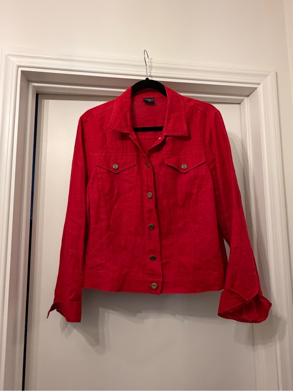 Tribal Bright Red Button-Front Jean Jacket